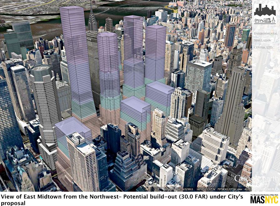 Renderings, based on the city's February 28, 2013 presentation, created by Environmental Simulation Center for the <a href="http://gothamist.com/2013/04/19/midtown_easts_possible_future_skysc.php#photo-2">MAS, which opposed the rezoning plan</a> (Municipal Arts Society)